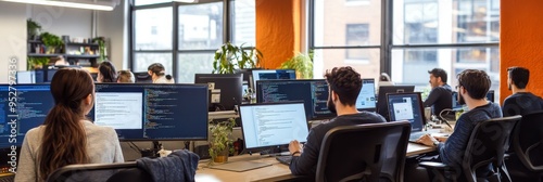 A diverse group of software developers engages in teamwork at their desks in a modern office, surrounded by large windows and vibrant greenery, focusing on their computer screens photo