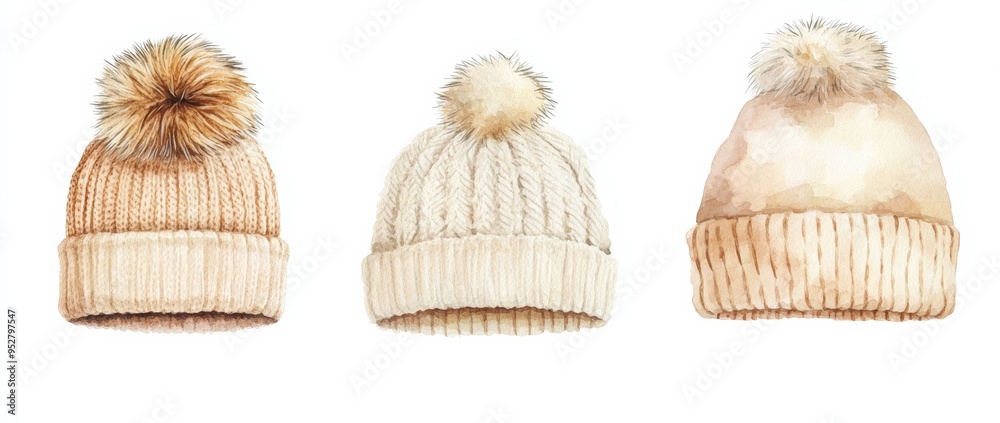 Watercolor set of winter knitted hats with fur pompoms on white background Watercolor set of winter knitted hats with fur pompoms on white background