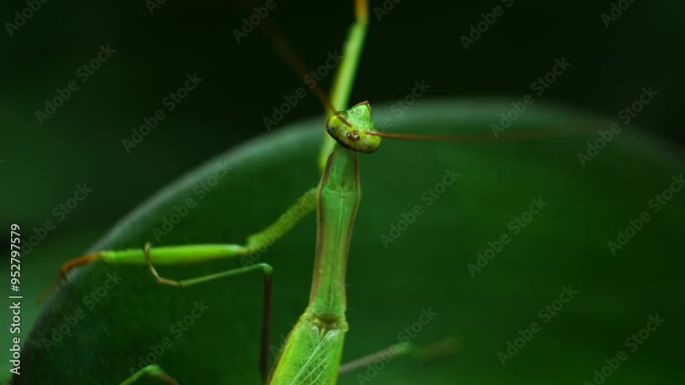 A captivating close-up of a mantis perched on a vibrant green leaf, gazing upwards A captivating close-up of a mantis perched on a vibrant green leaf, gazing upwards