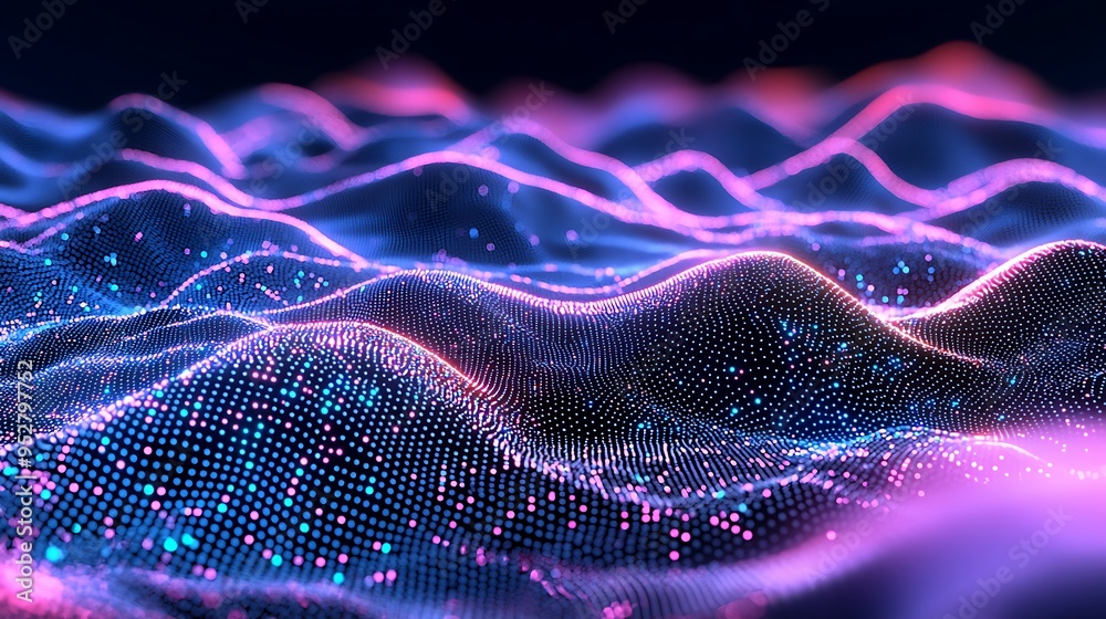 Technology background with connected dots on 3D wave landscape. Data science, particles, digital world, virtual reality, cyberspace, metaverse concept Technology background with connected dots on 3D wave landscape. Data science, particles, digital world, virtual reality, cyberspace, metaverse concept