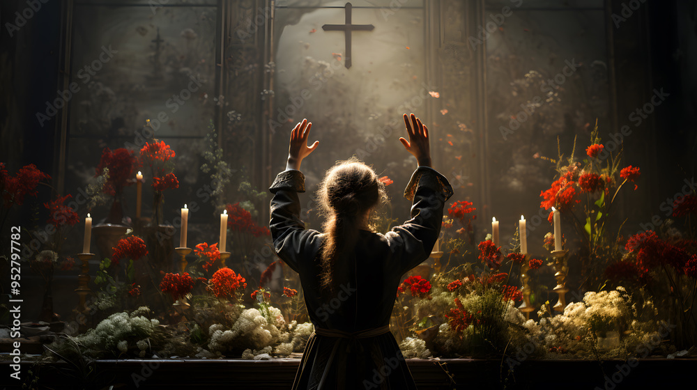 Obraz premium Catholic Priest Celebrating Mass Ad Oriented – Traditional Worship and Spiritual Ceremony