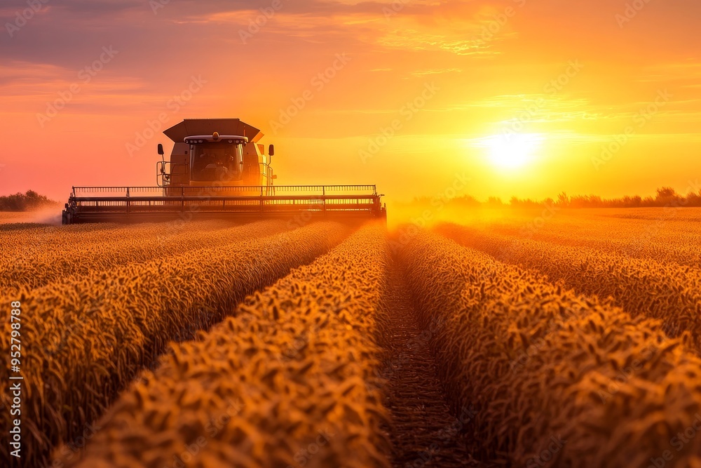 Fototapeta premium A combine harvester works its way through a field of golden wheat at sunset, symbolizing the hard work of agriculture, the bounty of nature, the cycle of life, the beauty of rural landscapes, and the 
