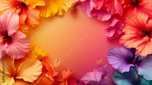 A colorful border of hibiscus flowers in a rainbow of colors, perfect for adding a tropical touch to any design project.  These flowers symbolize beauty, joy, and new beginnings.