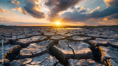 A desolate desert landscape with a sun setting in the background photo