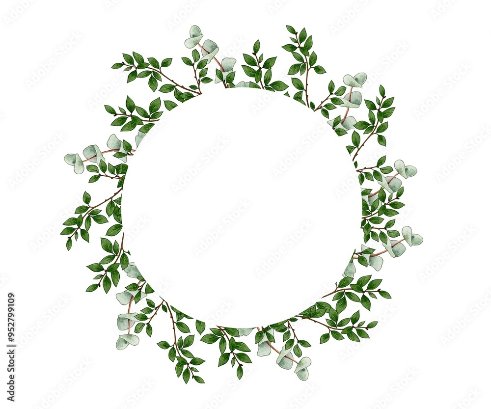 Wreath of branches with green leaves and eucalyptus on a white background. Frame for logo, design, decoration Wreath of branches with green leaves and eucalyptus on a white background. Frame for logo, design, decoration
