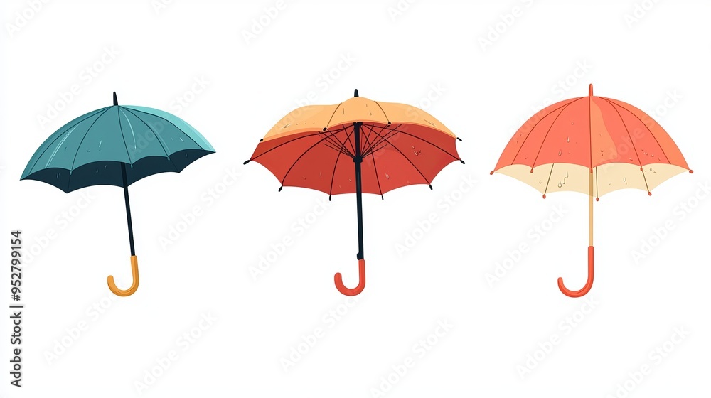A set of open, closed, and folded umbrellas, designed to protect against rain. These parasols feature various handle designs and types A set of open, closed, and folded umbrellas, designed to protect against rain. These parasols feature various handle designs and types