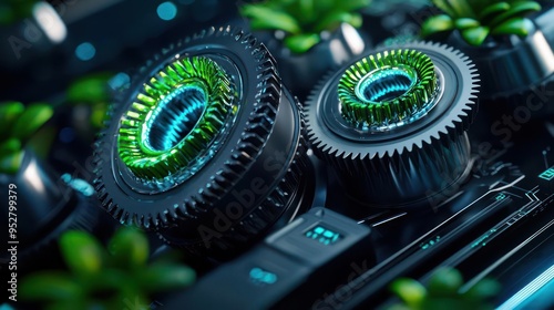 Engineer integrating sustainable materials into turbine mechanics, detailed view of gears and ecofriendly technology, photorealistic, highly detailed, 4K clarity