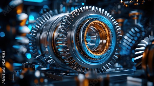 Engineer integrating sustainable materials into turbine mechanics, detailed view of gears and ecofriendly technology, photorealistic, highly detailed, 4K clarity