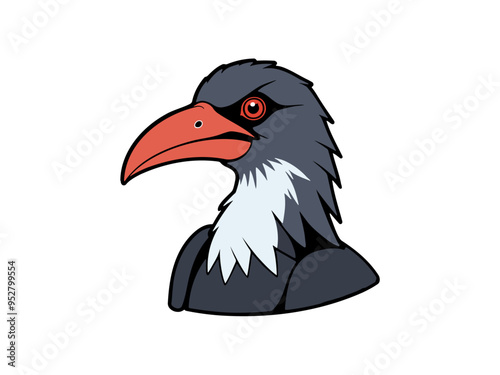 Cartoon vulture with striking eyes and a red beak