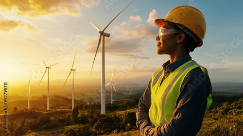 Wind turbine engineer ensuring sustainability and safety on a wind farm, ecofriendly turbines and safety gear visible, photorealistic, ultra detailed, 8K resolution