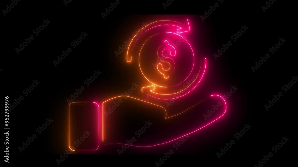 glowing neon line pink red color hand icon animation on black background. 4k video glowing neon line pink red color hand icon animation on black background. 4k video