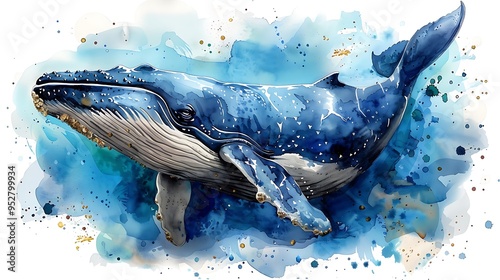 Watercolor painting of a humpback whale in the ocean.