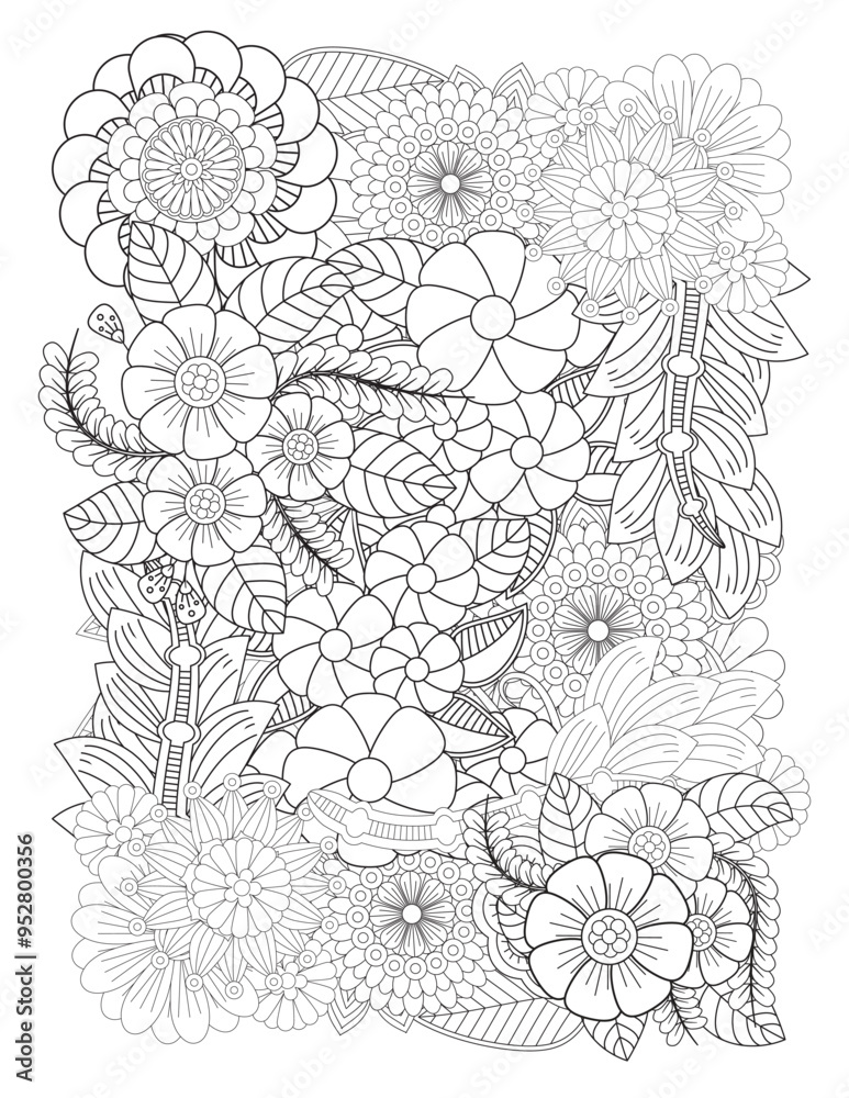 Fototapeta premium Coloring page of tropical flowers and leaves. Antistress for adults and children. Flower Mandala Coloring page For Adult. Ornamental mandala adult coloring book page.