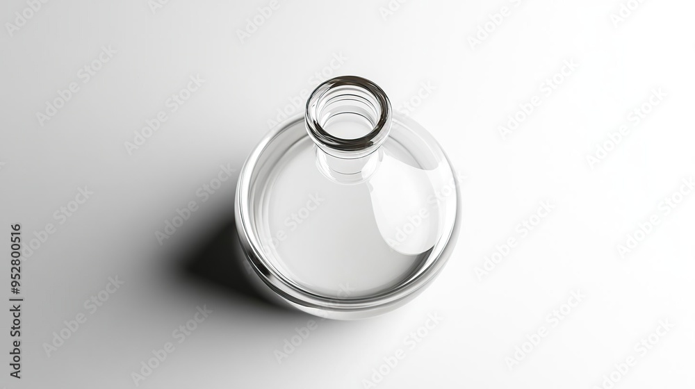 A clear glass bottle containing liquid, reflecting light and casting a shadow. A clear glass bottle containing liquid, reflecting light and casting a shadow.