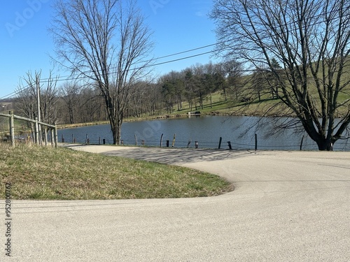 country road with lake