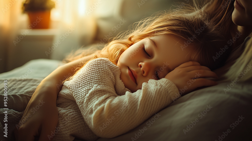 Cute little girl sleeping in the arms of her mother, warm morning light, cozy home interior. Cute little girl sleeping in the arms of her mother, warm morning light, cozy home interior.