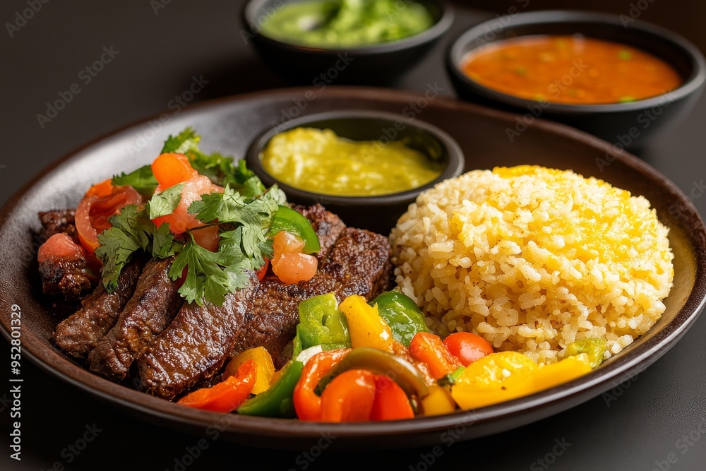 A plate of sizzling beef fajitas, perfectly cooked and served with a side of fluffy rice and colorful bell peppers. The meal is complete with a side of fresh salsa and guacamole. A plate of sizzling beef fajitas, perfectly cooked and served with a side of fluffy rice and colorful bell peppers. The meal is complete with a side of fresh salsa and guacamole.