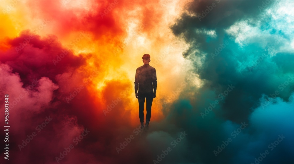Fototapeta premium High-resolution image of a model standing amidst a cloud of multi-colored smoke, with the colors enveloping them and creating a surreal, artistic atmosphere.