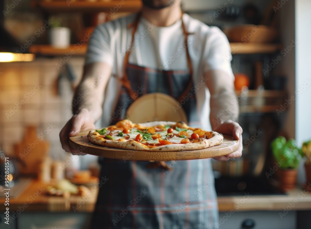 A man is holding a pizza on a wooden board. Homemade pizza. Comfort, cooking, tradition, family, homemade, creativity, sharing concept A man is holding a pizza on a wooden board. Homemade pizza. Comfort, cooking, tradition, family, homemade, creativity, sharing concept