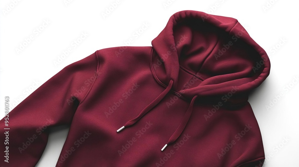 A burgundy hoodie laid flat, showcasing its texture and design for fashion presentation. A burgundy hoodie laid flat, showcasing its texture and design for fashion presentation.