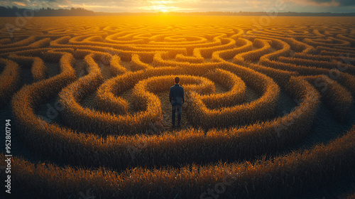 A man standing in the middle of a corn maze path, enjoying the tranquility of the rural setting.