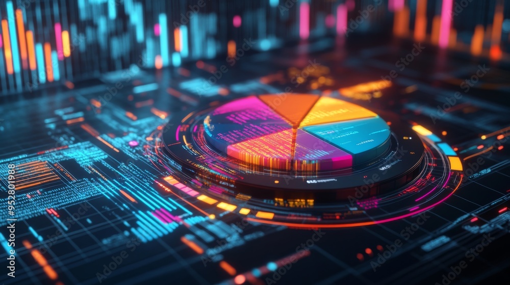 High-resolution image of a rotating 3D pie chart with colorful segments and interactive data points, displayed on a digital interface.