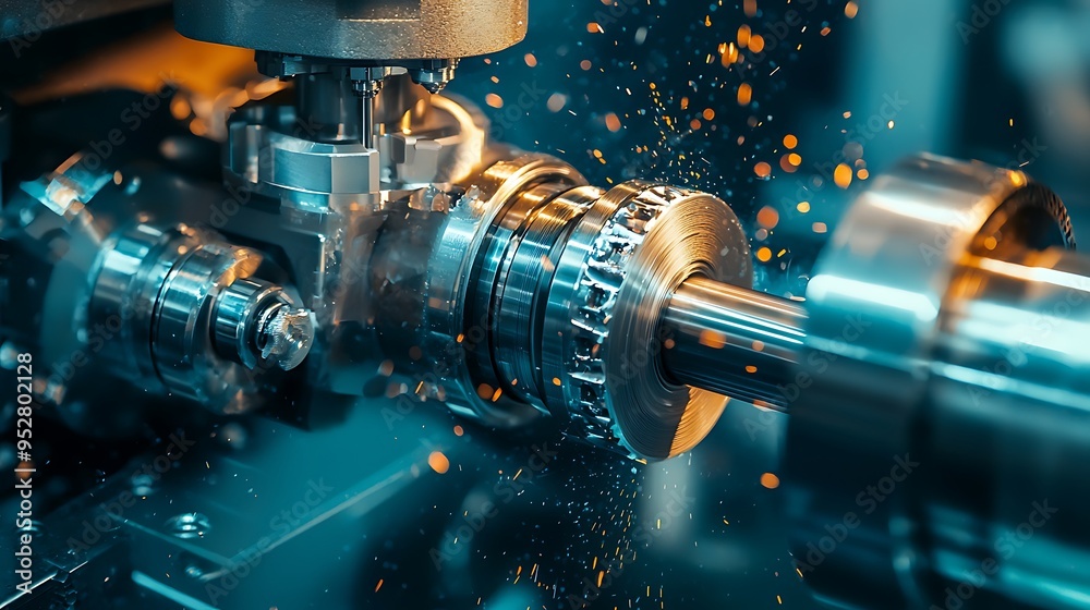 Metalworking CNC milling machine. Cutting metal modern processing technology. Small depth of field. Hi-technology machining concept. Metalworking CNC milling machine. Cutting metal modern processing technology. Small depth of field. Hi-technology machining concept.