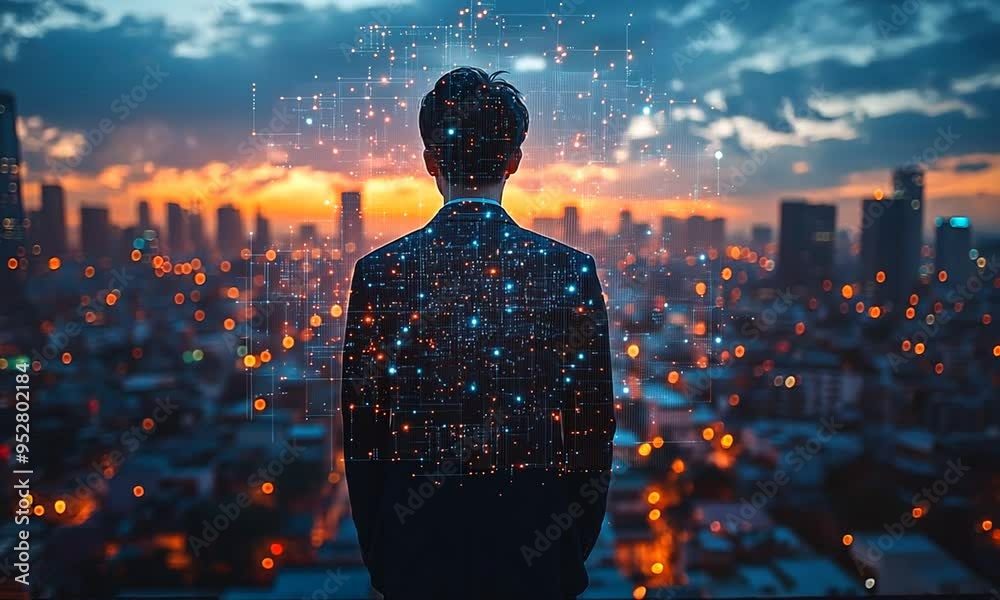 Businessman standing in front of city skyline with digital overlay. Businessman standing in front of city skyline with digital overlay.