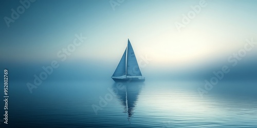 Serene Sailboat Reflected on a Misty Morning Lake