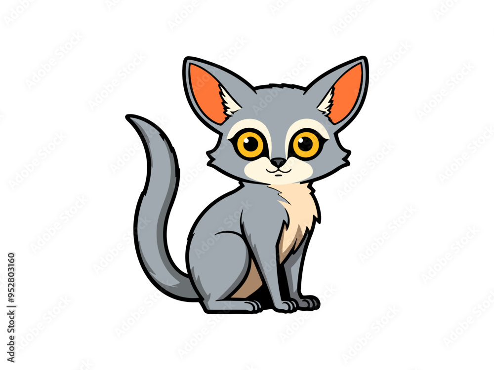 Fototapeta premium Grey cartoon cat with large yellow eyes