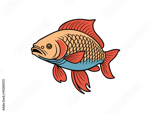Cartoon red and blue fish with big fins
