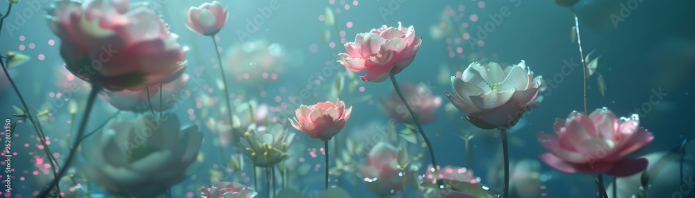 Obraz premium Breathtaking underwater scene with pink flowers, creating a serene and tranquil ambience. Perfect for nature-themed projects.