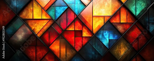 Stained glass: Intersecting geometric shapes in bold primary colors, layered with translucent gradients.