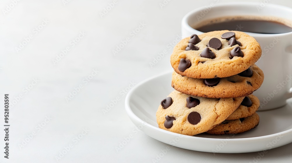 A stack of four freshly baked chocolate chip cookies on a white plate. The cookies are golden brown and have a crispy texture. The chocolate chips are melted and gooey, adding a sweet and decadent tou A stack of four freshly baked chocolate chip cookies on a white plate. The cookies are golden brown and have a crispy texture. The chocolate chips are melted and gooey, adding a sweet and decadent tou