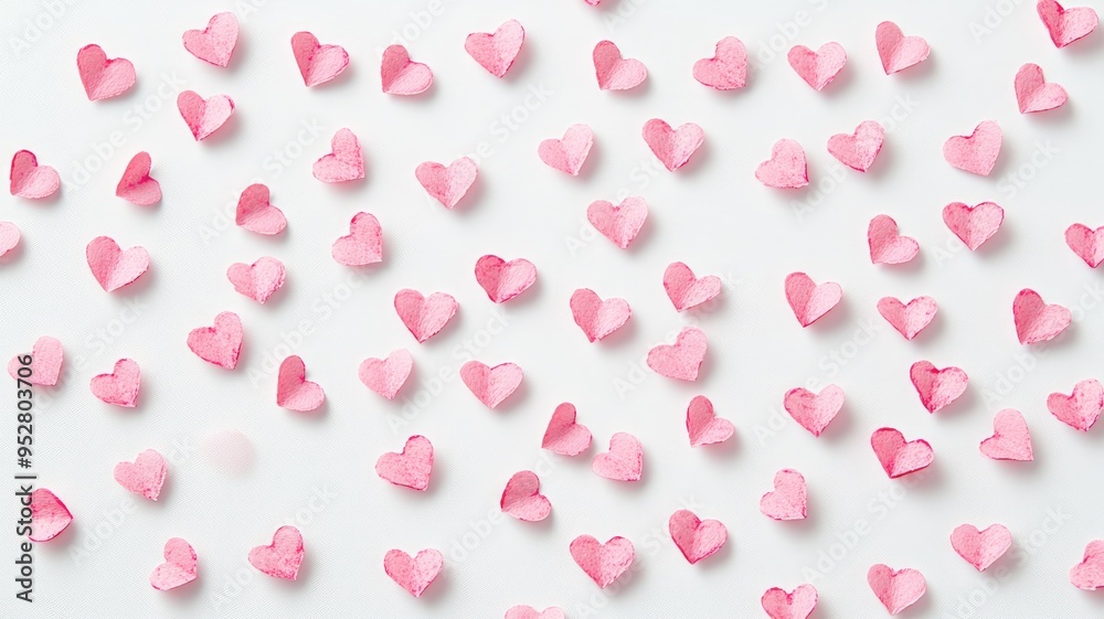 A pattern of small pink hearts scattered on a white background, creating a playful and romantic design. A pattern of small pink hearts scattered on a white background, creating a playful and romantic design.