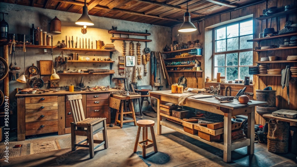 Cozy workshop with furniture restoration, surrounded by tools and supplies , furniture, restoration, workshop, cozy, old Cozy workshop with furniture restoration, surrounded by tools and supplies , furniture, restoration, workshop, cozy, old