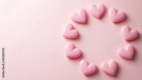 Pink heart-shaped objects arranged in a circle on a pastel pink background.