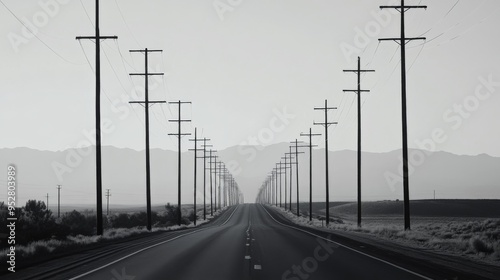 Long stretch of electric poles along a highway, with the poles disappearing into the horizon. The sky is clear, and the road is lined with trees.