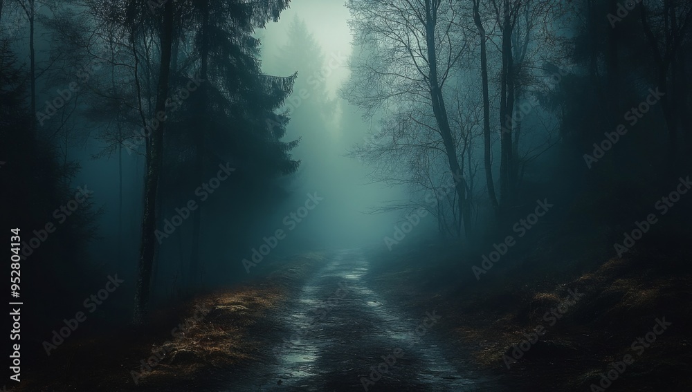 Fototapeta premium Fog In Spooky Forest At Moon Light On Asphalt - Abstract Bokeh