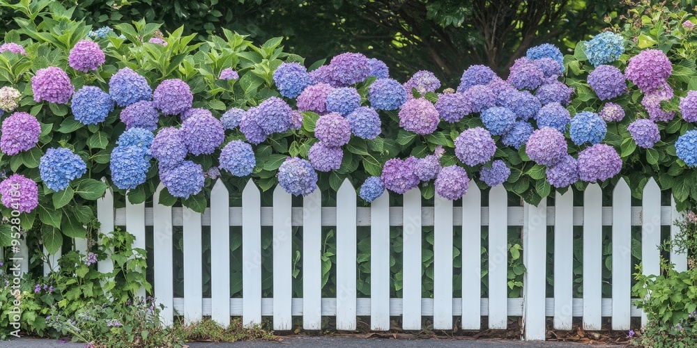 White picket fence with blooming hydrangeas in a cottage garden White picket fence with blooming hydrangeas in a cottage garden