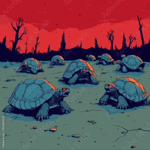 Surreal Landscape of Turtles in a Post-Apocalyptic World with Red Sky and Barren Trees