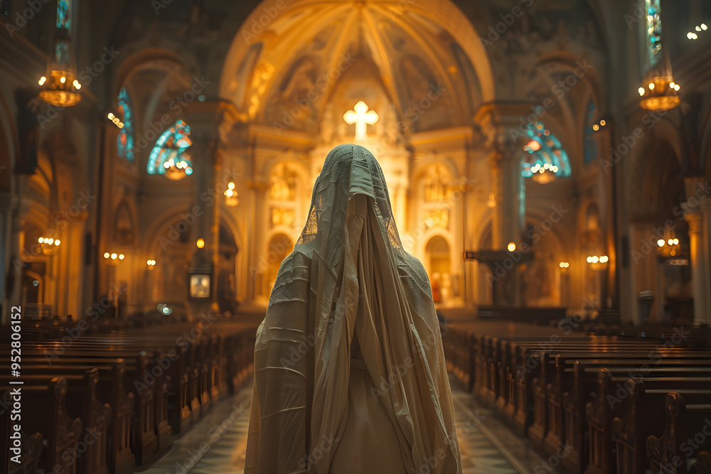 Lone Nun Standing in the Aisle – Spiritual Reflection and Faith in a Serene Setting Lone Nun Standing in the Aisle – Spiritual Reflection and Faith in a Serene Setting
