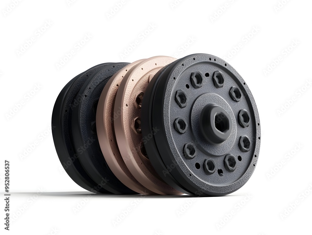 Closeup of Modern Metallic Weighted Plates with Rubber Coating on Clean White Background Closeup of Modern Metallic Weighted Plates with Rubber Coating on Clean White Background