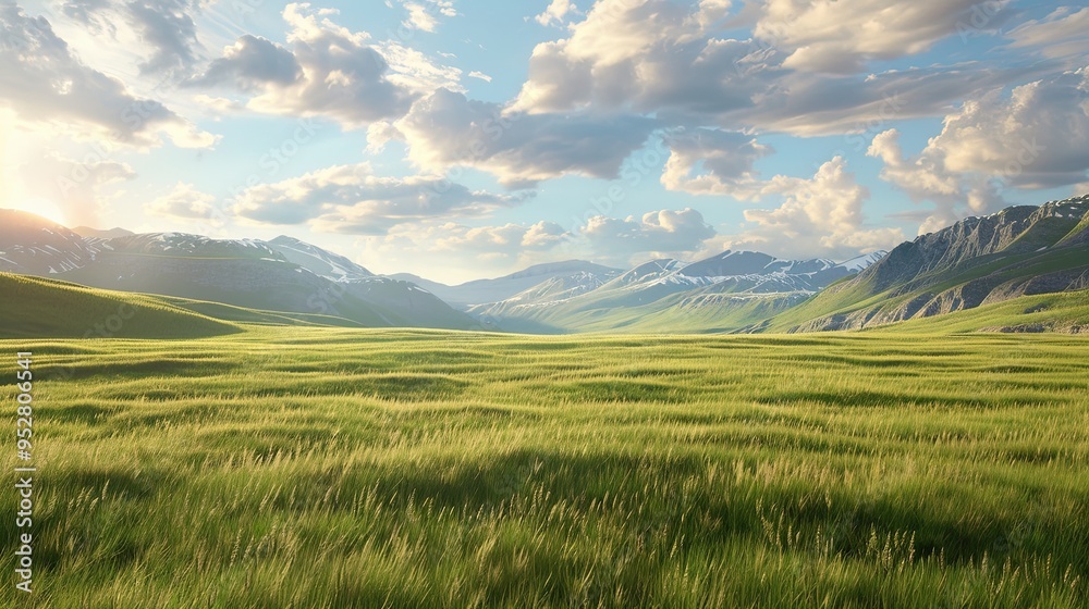 Obraz premium Top view of a lush green valley on a summer sunny day. Panoramic view with mountain ranges on the horizon. Nature background. Illustration for cover, card, postcard, interior design, decor or print.