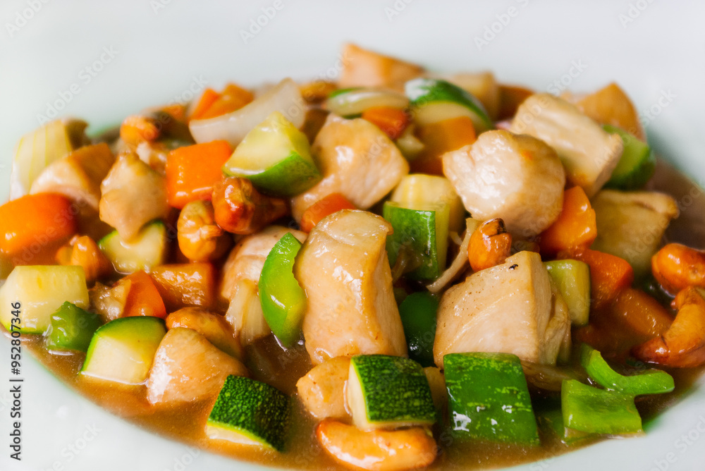 Traditional asian cuisine - stewed meat with pieces of zucchini, carrot and cashew nuts. Vietnamese food at cafe. Traditional asian cuisine - stewed meat with pieces of zucchini, carrot and cashew nuts. Vietnamese food at cafe.