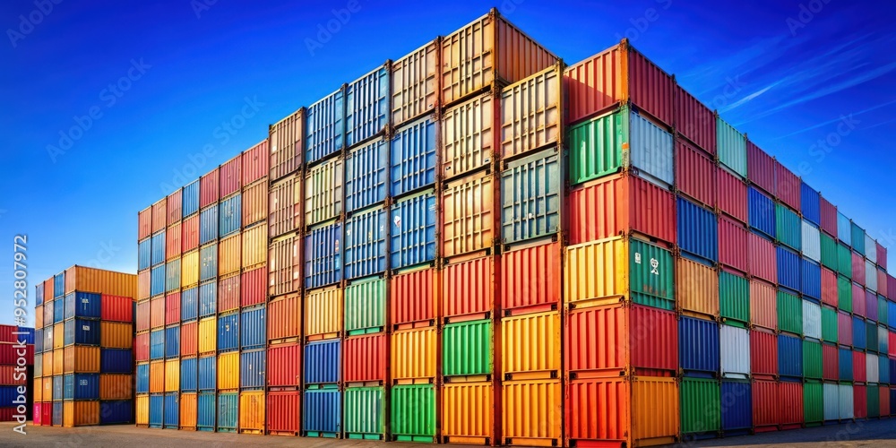 Fototapeta premium Shipping containers stacked against clear blue sky, freight, transportation, logistics, cargo, industrial, containers, shipping