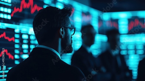 A group of financial advisors using advanced AI tools to analyze market data, holographic screens surrounding them, professional, cool tones.