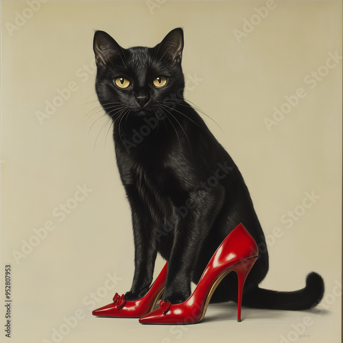 A black cat is sitting in red high-heeled Louboutin shoes on a light background. The cat has a serious expression, adding an element of humor to the image