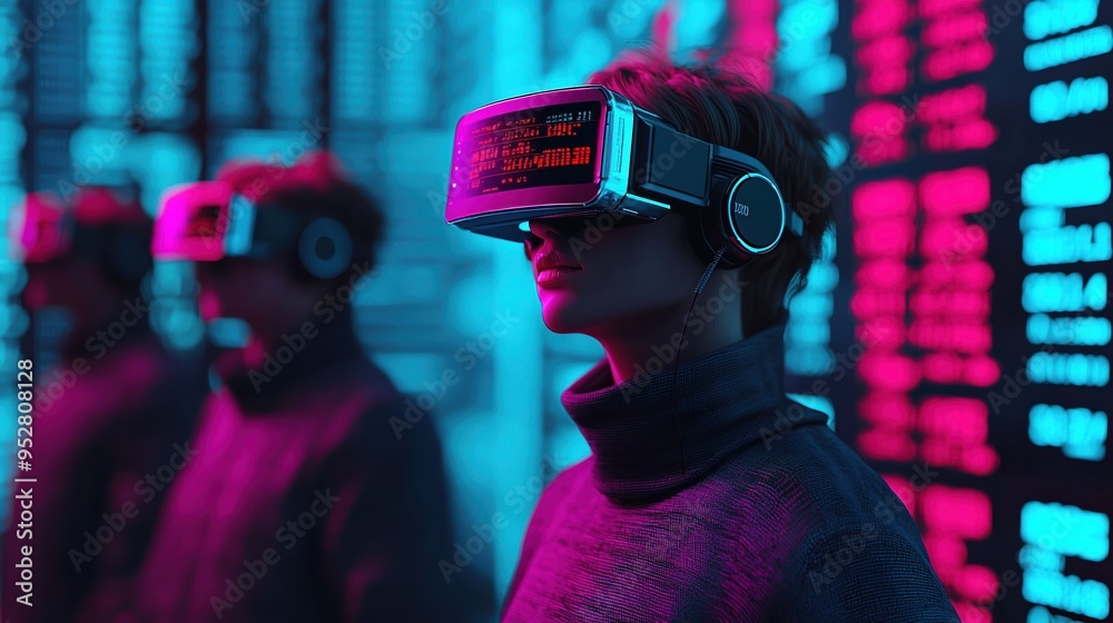 A futuristic stock exchange floor with traders using augmented reality glasses to view market data, dynamic scene, vibrant colors, 3D render. A futuristic stock exchange floor with traders using augmented reality glasses to view market data, dynamic scene, vibrant colors, 3D render.