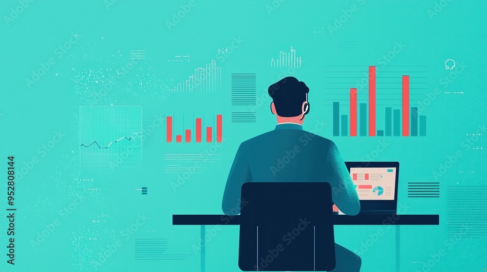 Illustration of a financial analyst working with AI tools, holographic charts and graphs floating around, professional and clean design, soft blue.